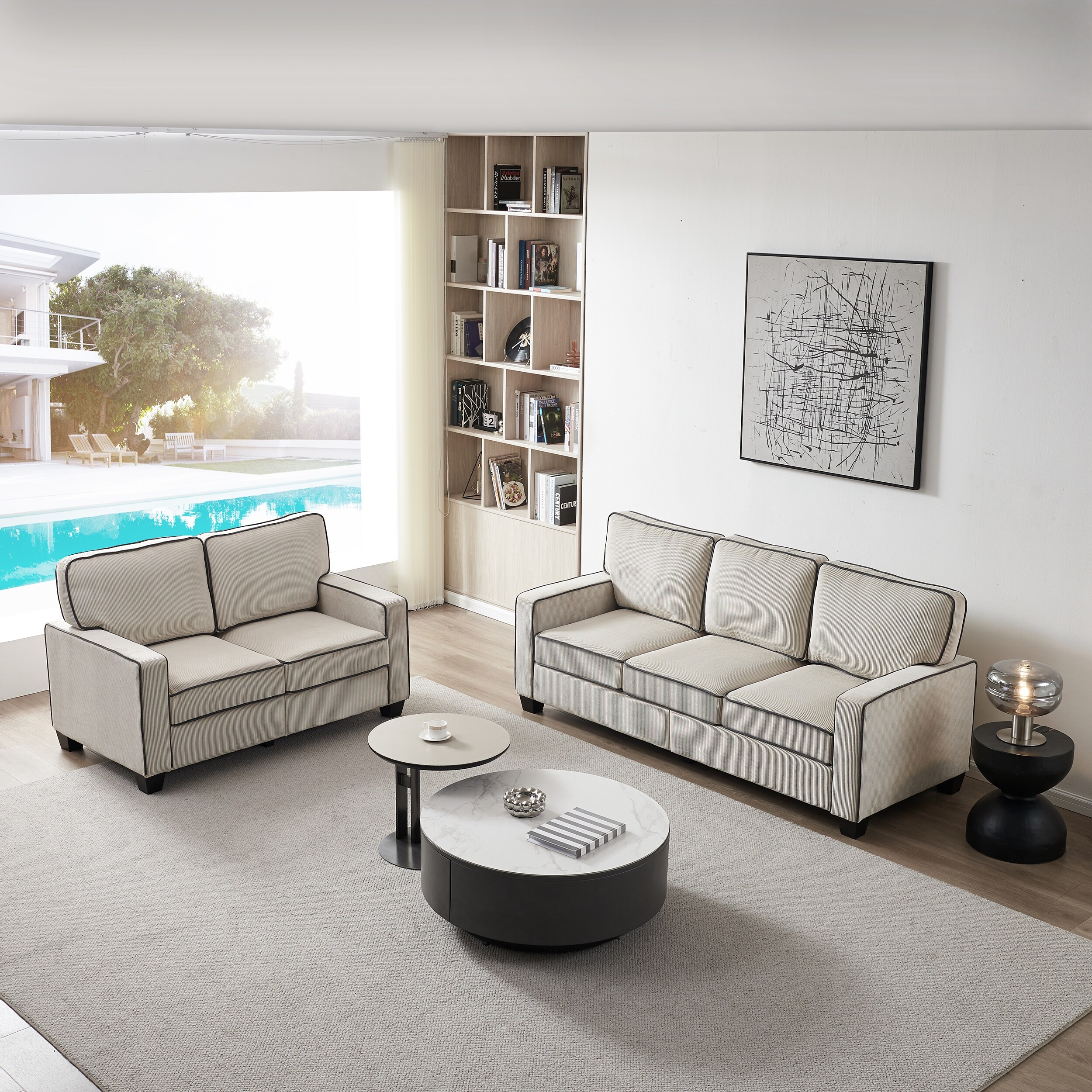 Corduroy Upholstered 2 3 Sofa Sets Living Room Sofa with High Seat Cushion Thickness and Two Removable Storage Boxes Design